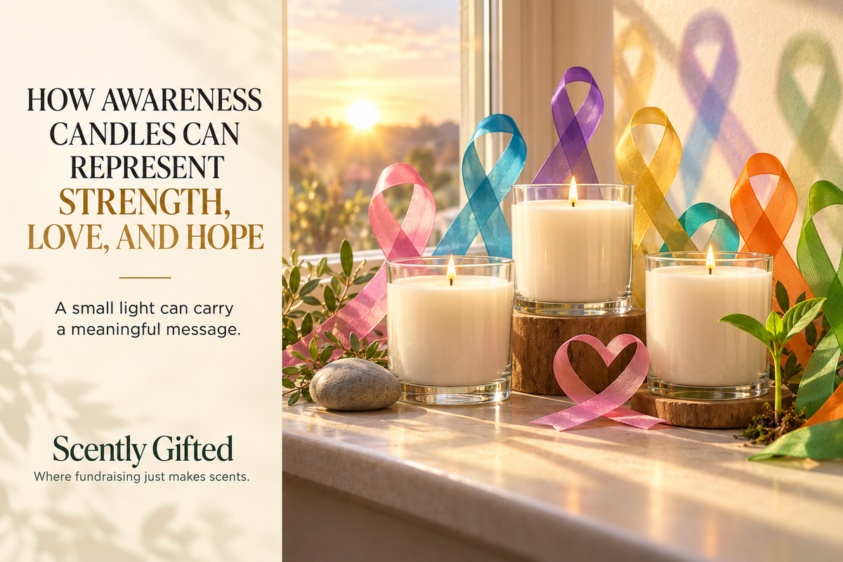 Three glowing awareness candles surrounded by colorful ribbons, with a stone, heart-shaped ribbon, and new plant symbolizing strength, love, and hope.