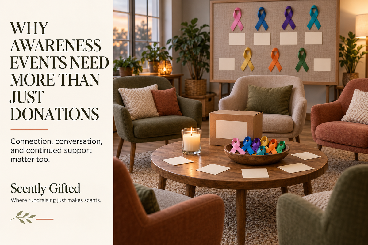 Welcoming awareness-event conversation circle with a candle fundraiser bundle, blank discussion cards, and colorful awareness ribbons.