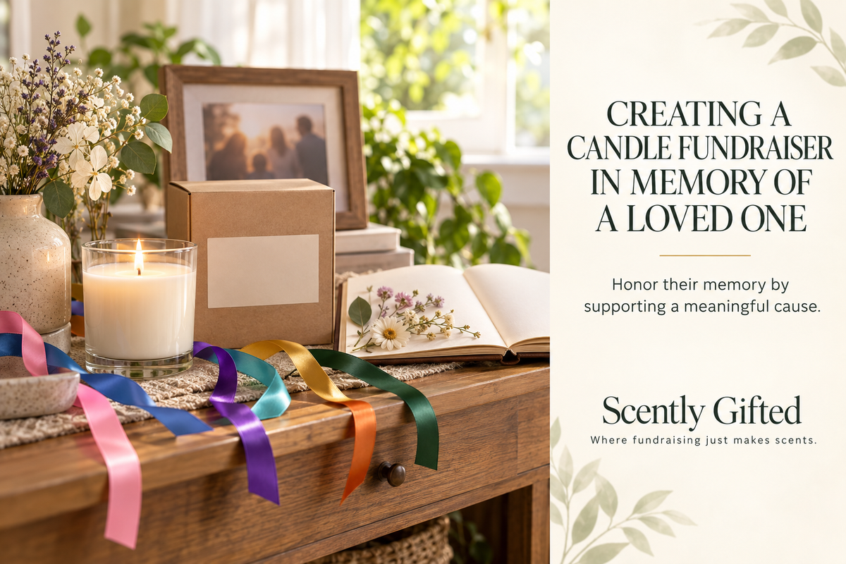 A glowing candle, framed family photograph, keepsake album, fundraiser bundle, and colorful awareness ribbons arranged in memory of a loved one.