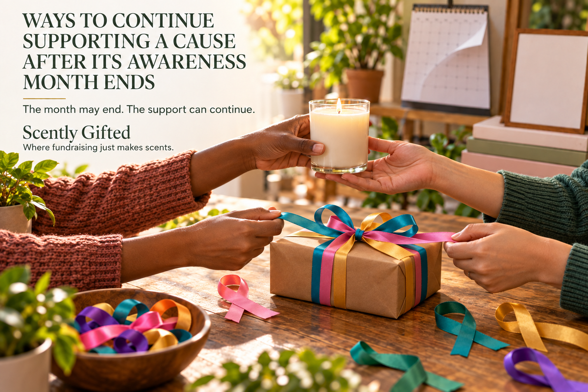 Two people exchange a candle and prepare a colorful awareness fundraiser bundle to continue supporting a cause beyond its awareness month.