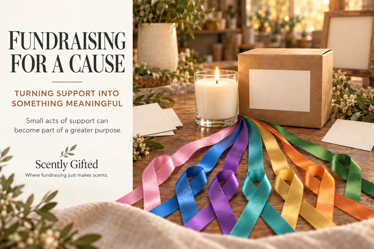 Colorful awareness ribbons coming together beside a glowing candle and fundraiser bundle, representing support for a shared cause.