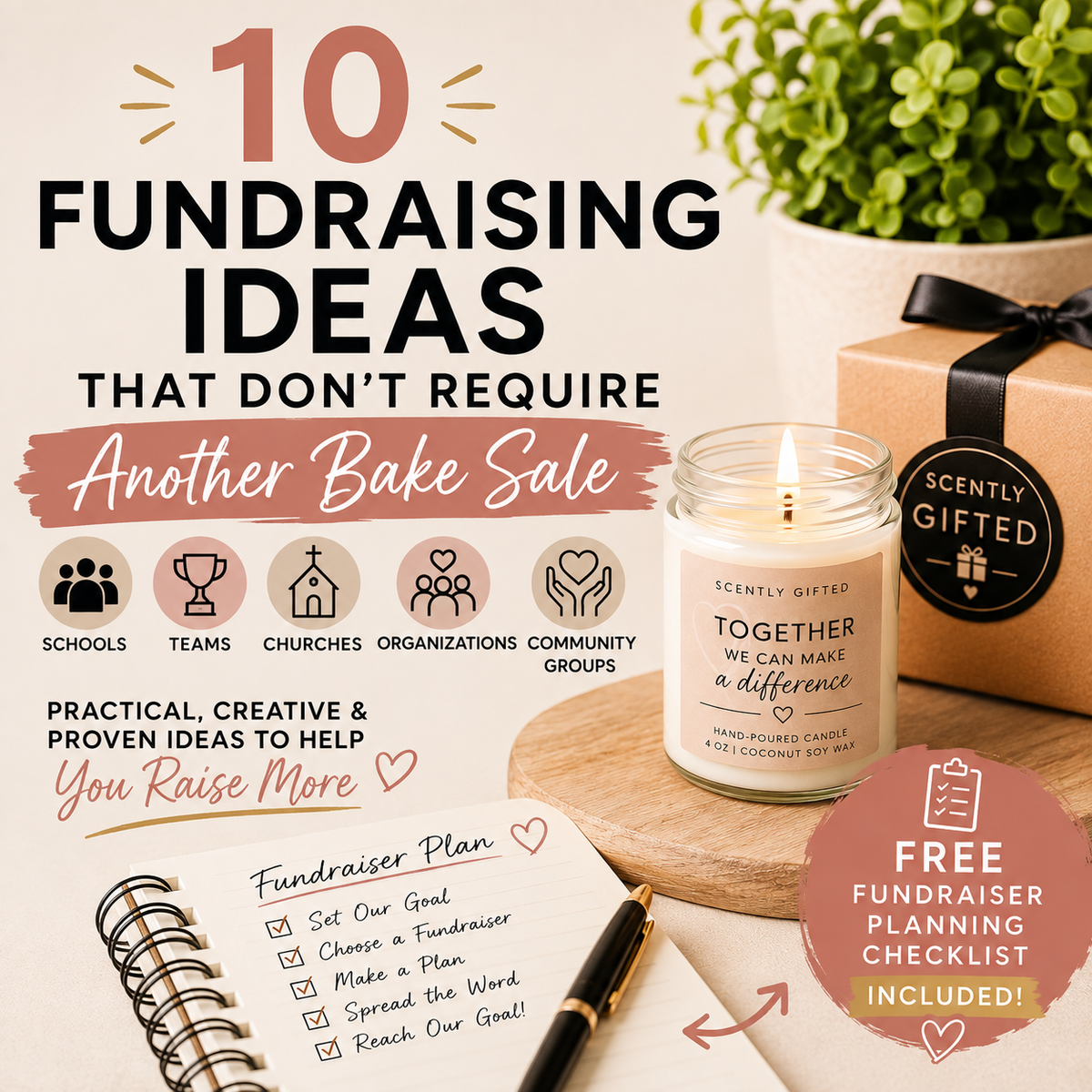 Ten fundraising ideas beyond a bake sale featuring a gift-ready candle and fundraiser planning notebook