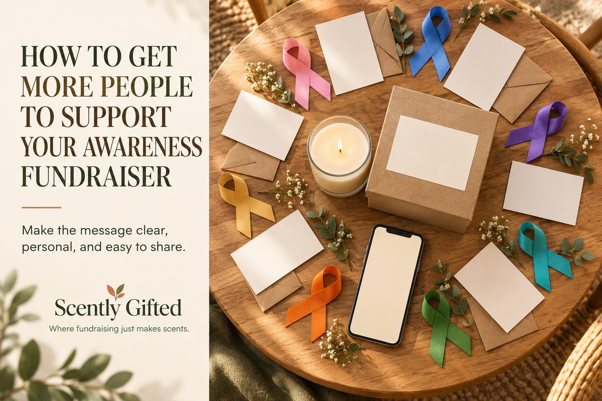 Awareness candle fundraiser surrounded by blank invitation cards, envelopes, a phone, and colorful ribbons arranged to suggest wider sharing.