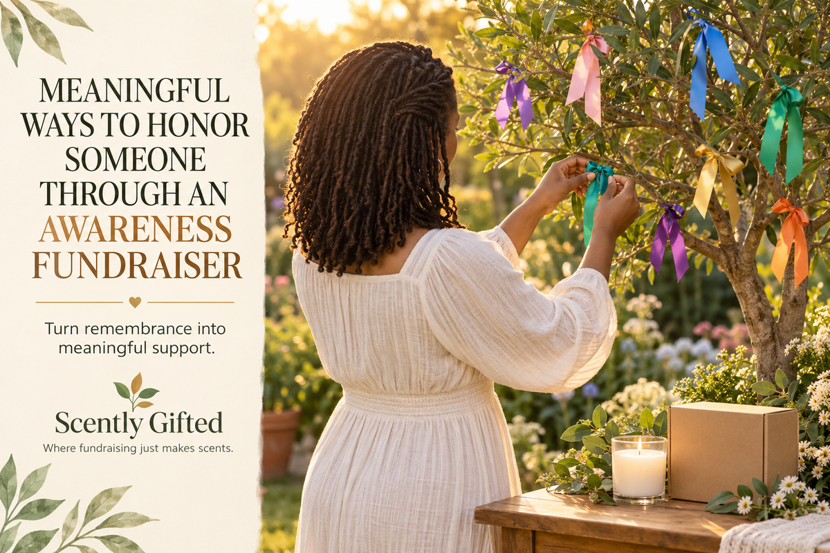A woman ties colorful awareness ribbons to a tree beside a glowing candle and fundraiser bundle to honor someone through meaningful support.