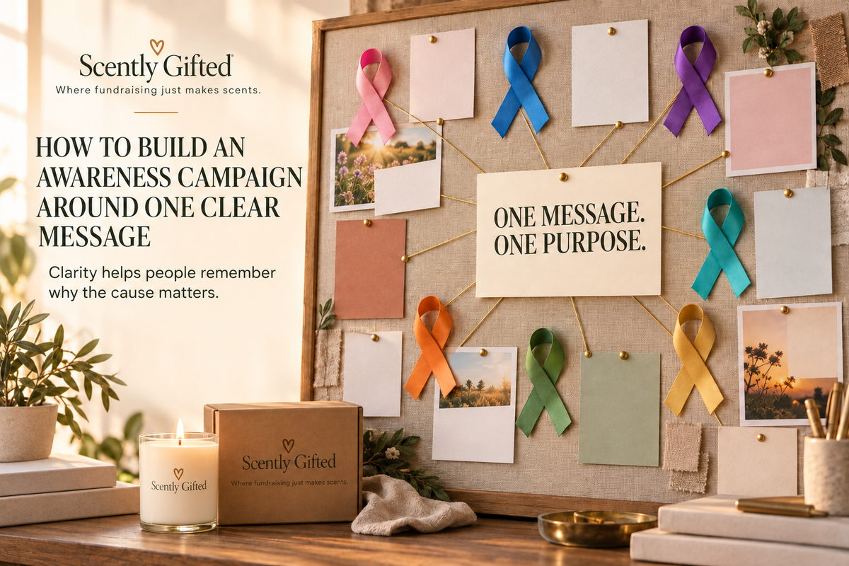 Colorful awareness ribbons connected to one clear campaign message beside a Scently Gifted fundraiser candle and bundle.
