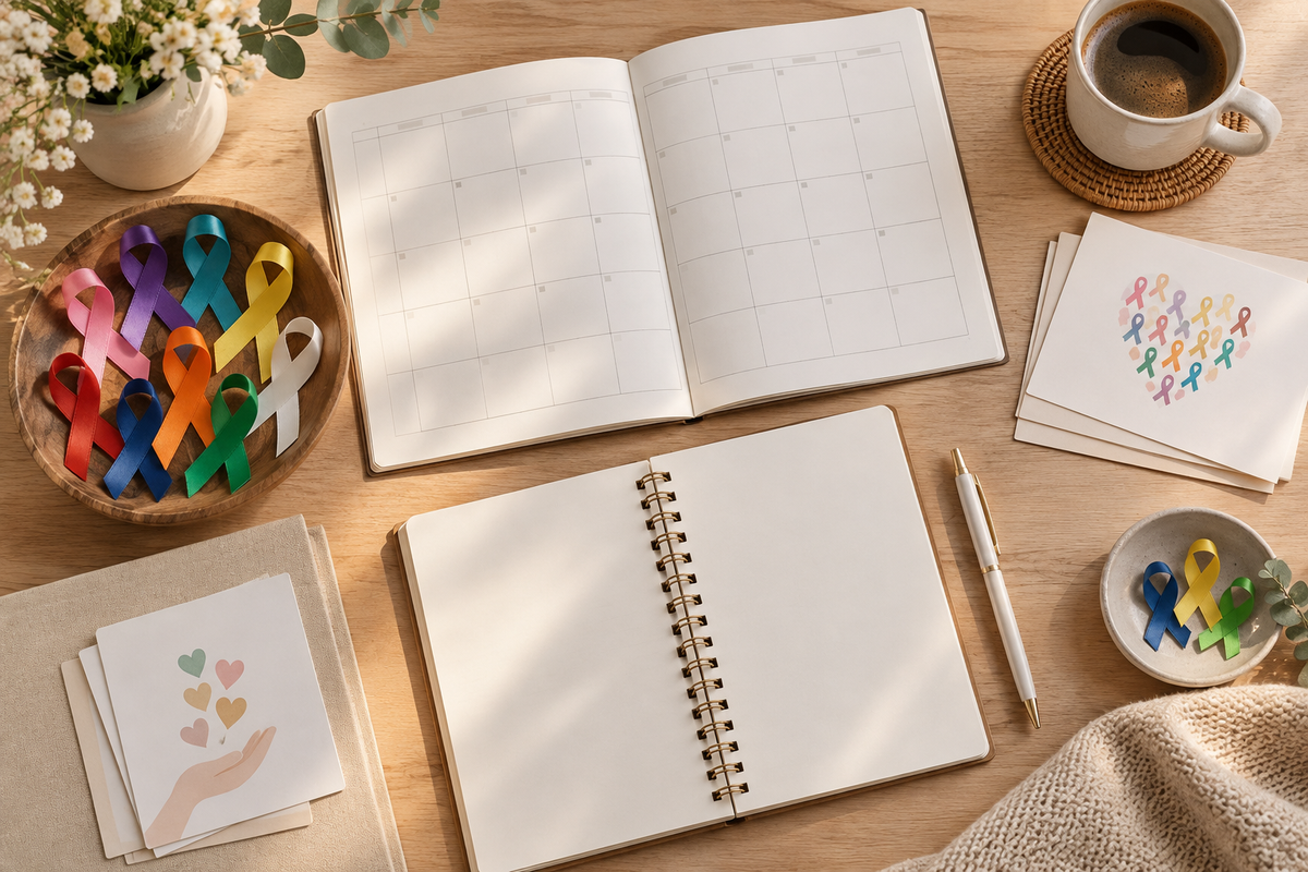 Awareness-month fundraiser planning workspace with a calendar, notebook, and multicolored awareness ribbons