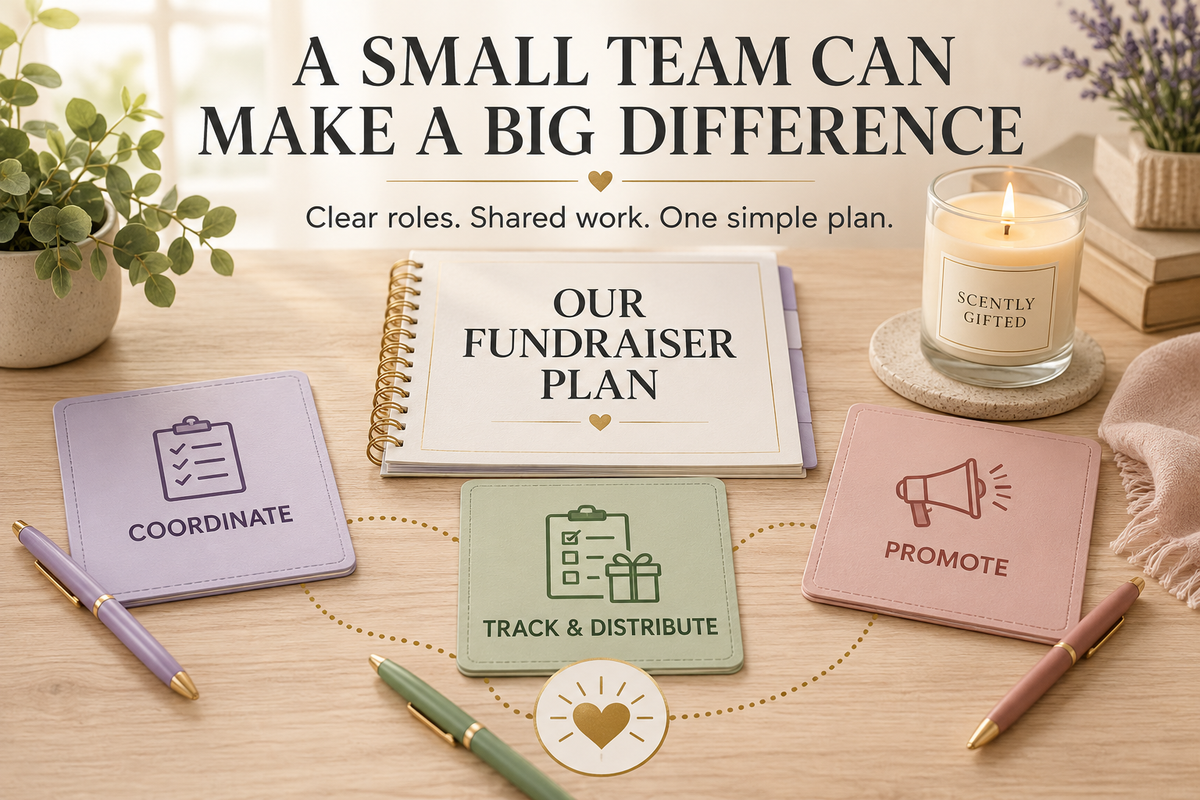 Small candle fundraiser plan showing clear roles for coordinating, promoting, tracking, and distributing fundraiser candles