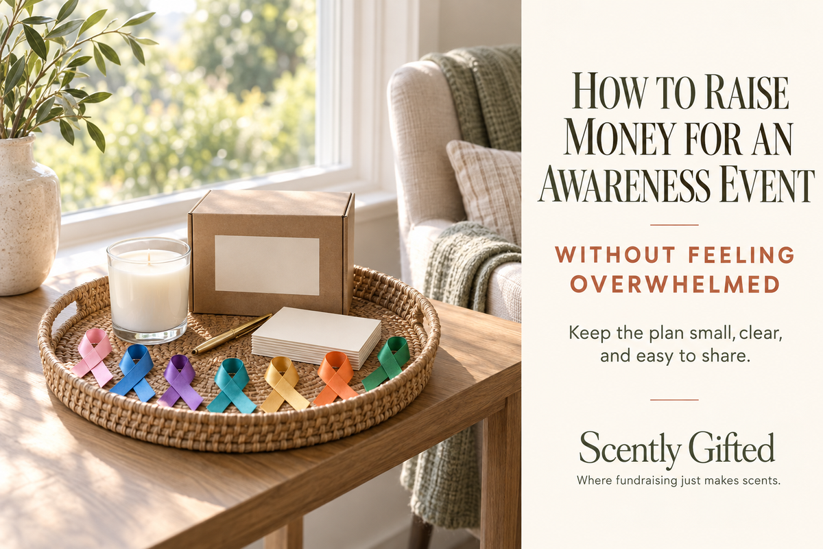 Simple awareness fundraiser essentials arranged in one woven tray with a candle, fundraiser box, blank cards, and colorful ribbons.