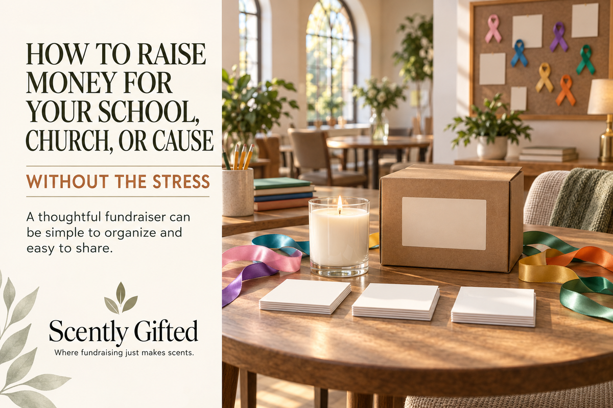 Calm community fundraiser setup with an awareness candle, fundraiser box, colorful ribbons, school supplies, and a ribbon display.