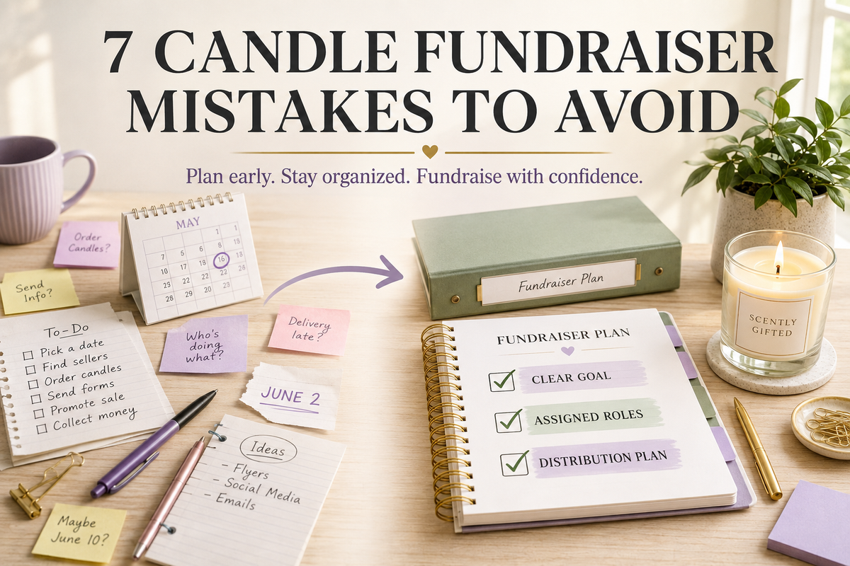 Candle fundraiser planning comparison showing scattered preparation becoming an organized plan with a clear goal, assigned roles, and distribution plan
